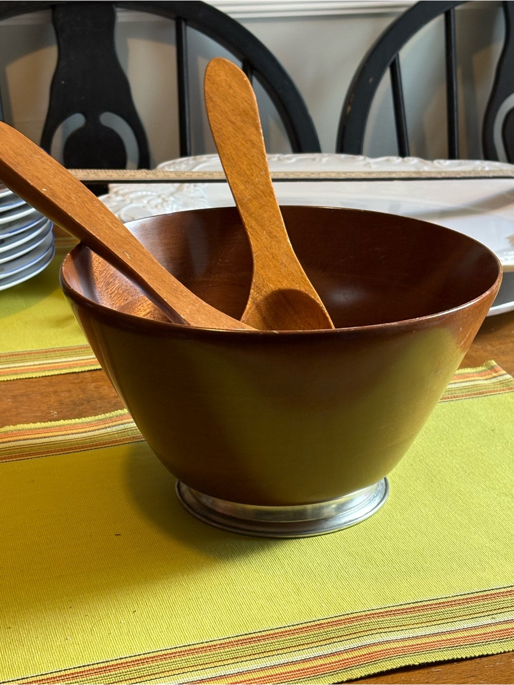 Vintage mahogany Brown Wooden Salad Bowl with Serving Spoons